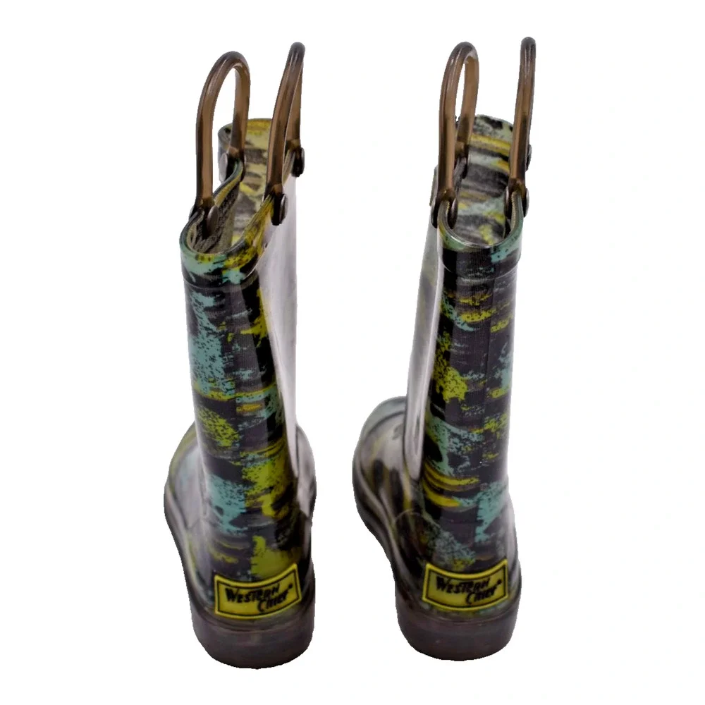 WESTERN CHIEF Light Up Rain Boots - Brush Stripe Green & Blue - US Toddler 6